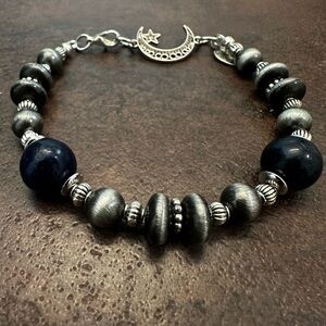 Elegant Silver Acrylic and Blue Lapis Lazuli Beaded Bracelet